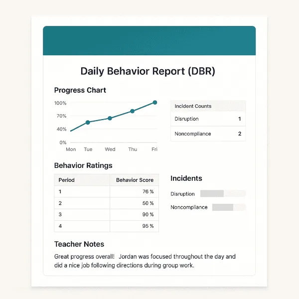 Sample Daily Behavior Report showing weekly trends and period-by-period data