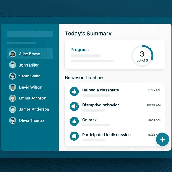 BrighterBalance dashboard showing student behavior timeline and daily progress summary